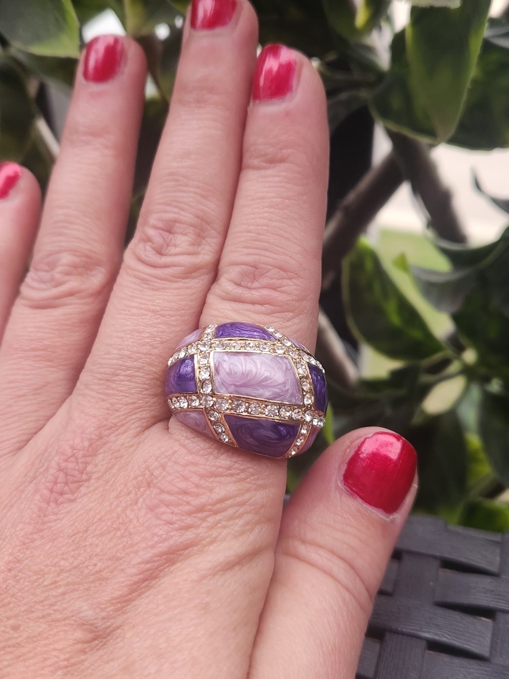 Elegant Purple Enamel Dome Ring with Crystal Accents